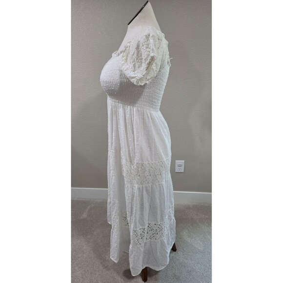 White Lace & Smocked Midi Dress Short Puff Sleeves Anna-Kaci 1X - Picture 2 of 5